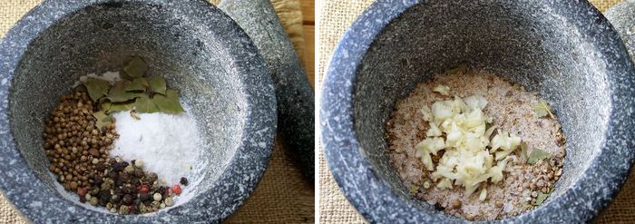 Готовим смесь соли и специй для засолки сала с чесноком