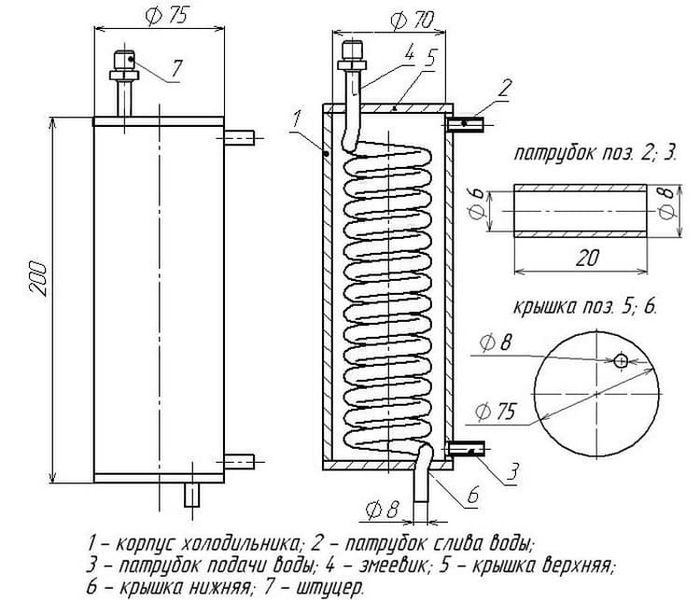 Чертеж холодильника для самогонного аппарата со змеевиком