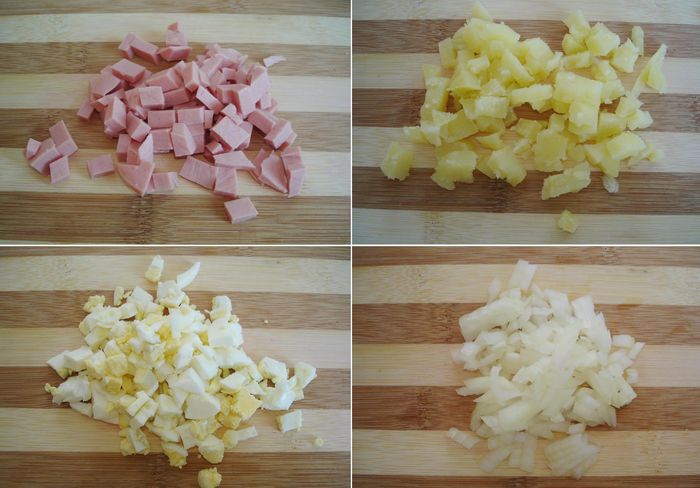 Мелко нарезаем колбасу, лук, а также отваренные картошку и яйца