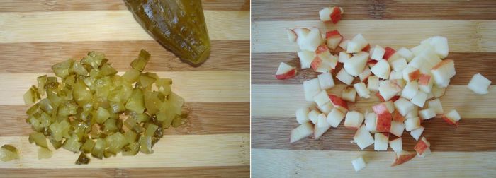 Мелко режем соленые огурцы и яблоки для салата