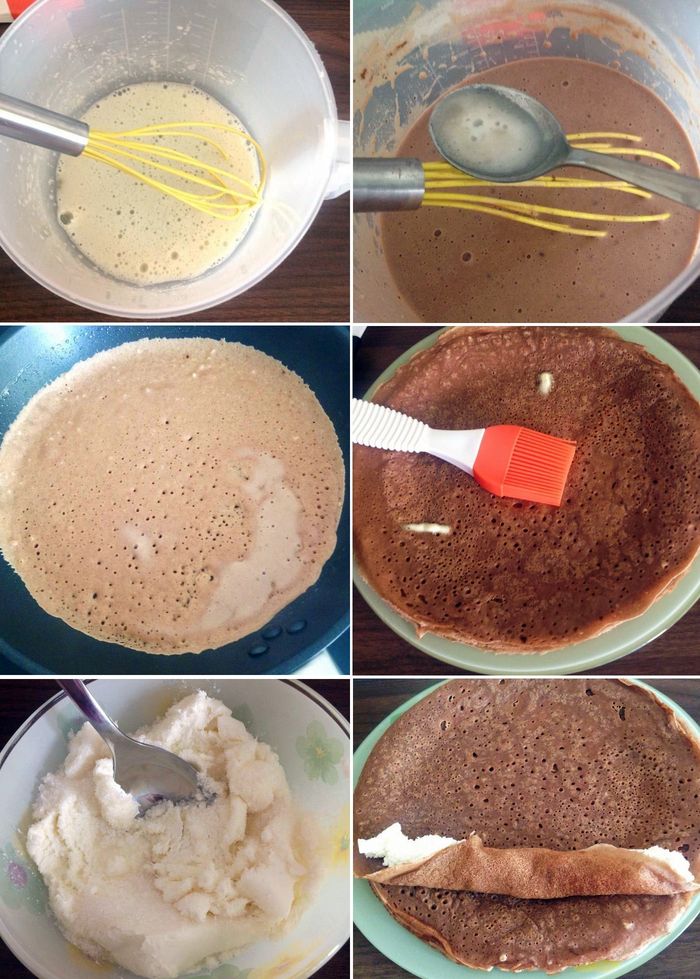 Пошаговый процесс приготовления шоколадных блинов с творогом